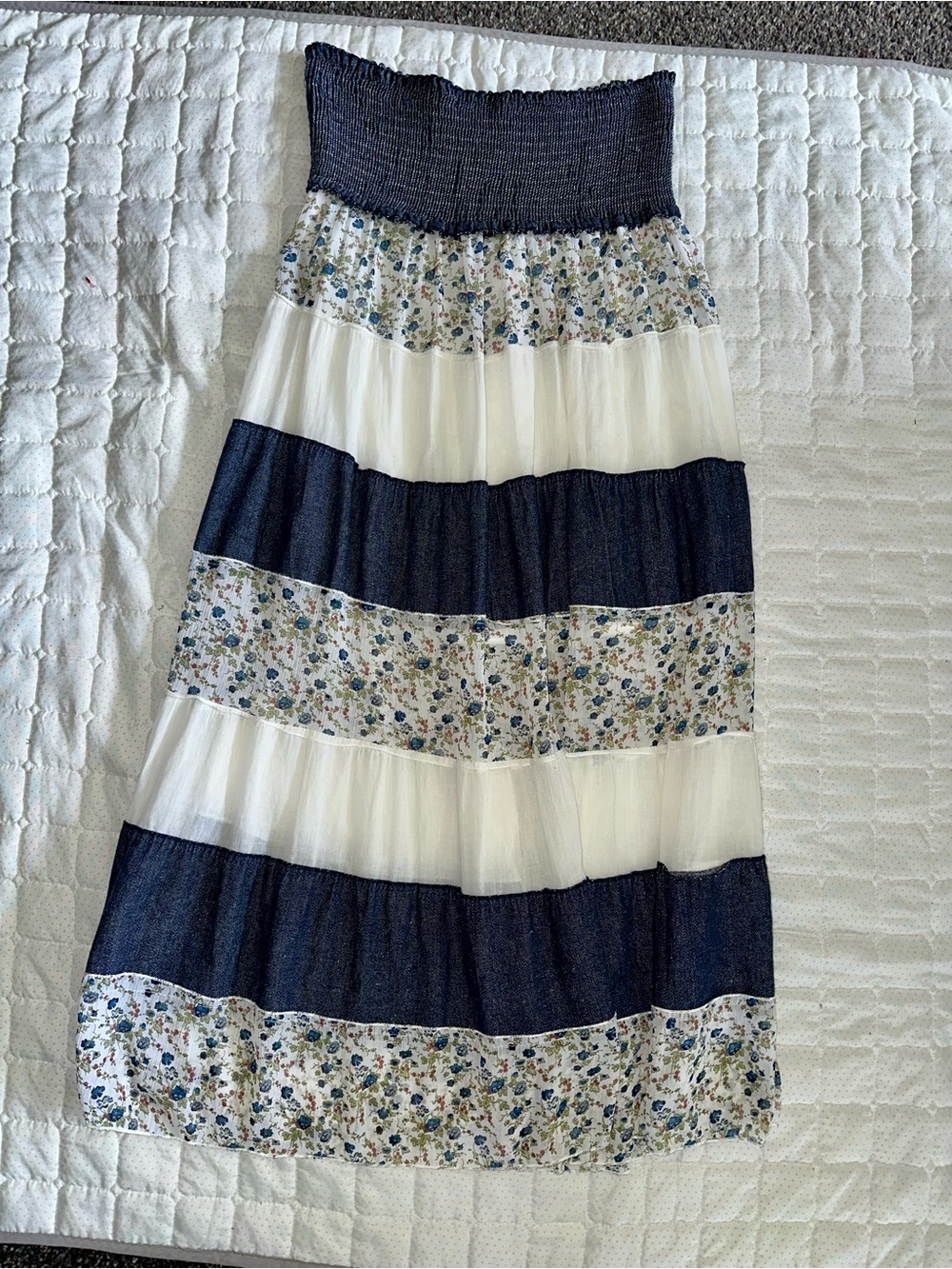Floral & Navy Tiered Maxi Skirt - White and Navy